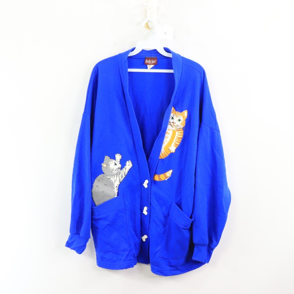 80s Womens XL Crazy Cat Lady Cardigan Sweater Blue